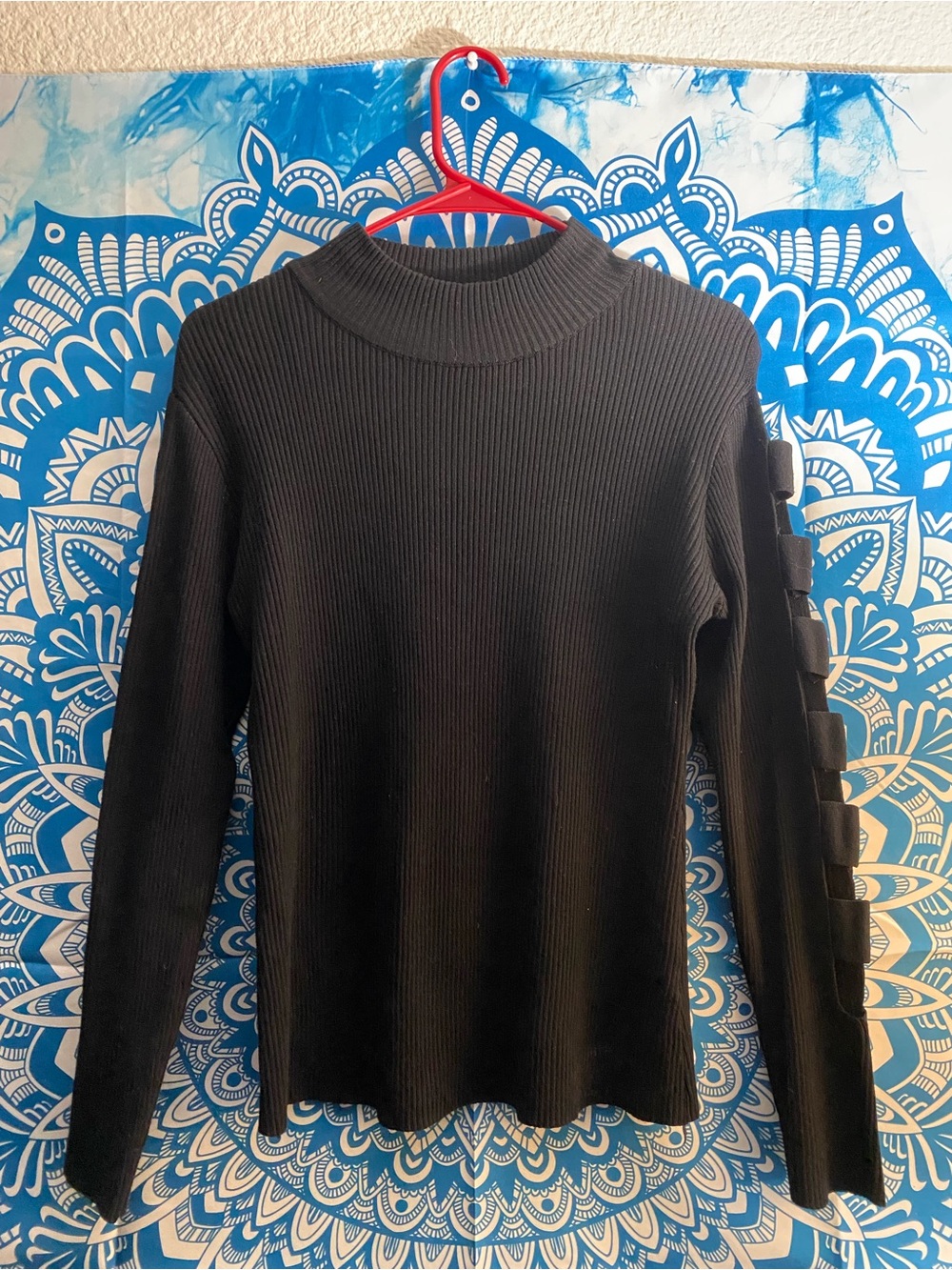 Almost Famous Black Ribbed Long Sleeve Top with Ladder Sleeve Accents
